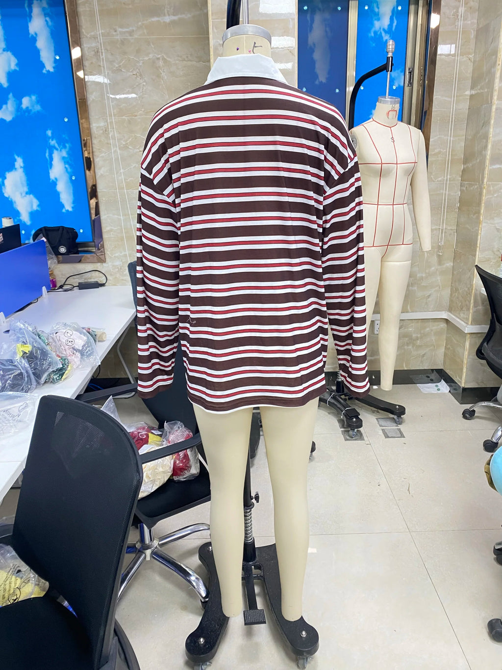 Korean Style Striped V-Neck Sweatshirt - Women's Vintage Y2K Button Pullover Top