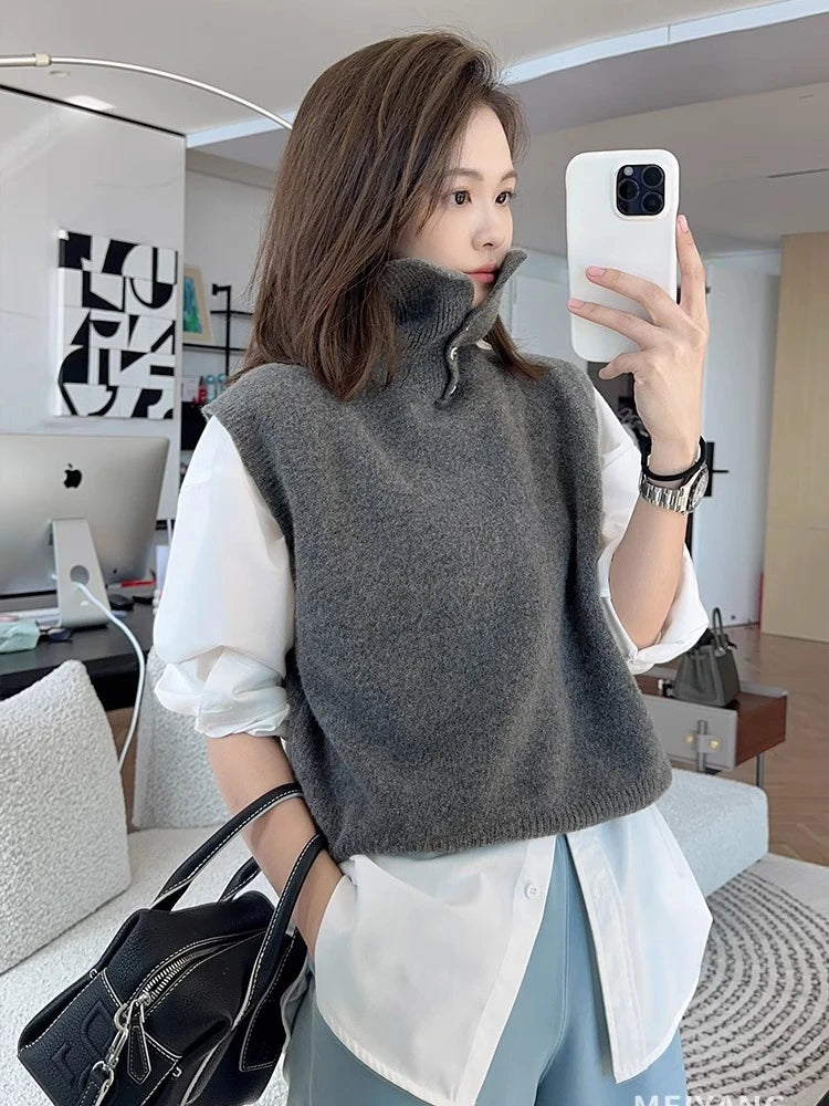 Korean Style Cashmere Turtleneck Vest - Sleeveless Knit Jumper Top