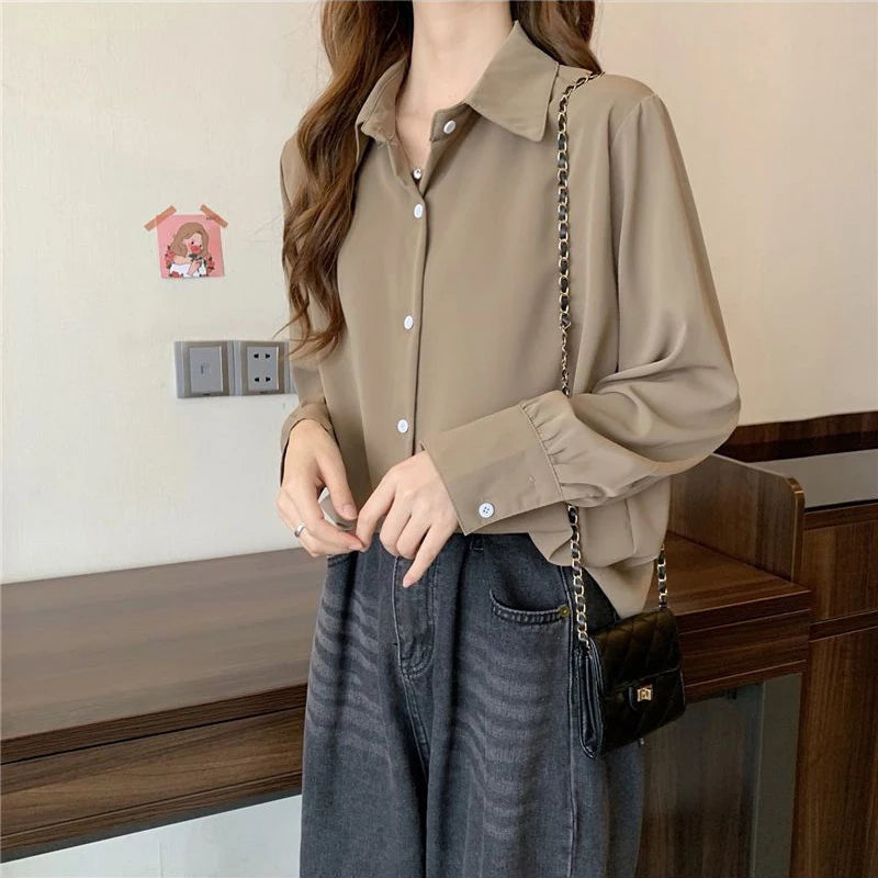 Korean Style White Chiffon Blouse - Elegant Long Sleeve Shirt for Women