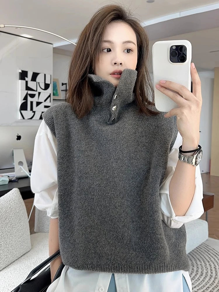 Korean Style Cashmere Turtleneck Vest - Sleeveless Knit Jumper Top