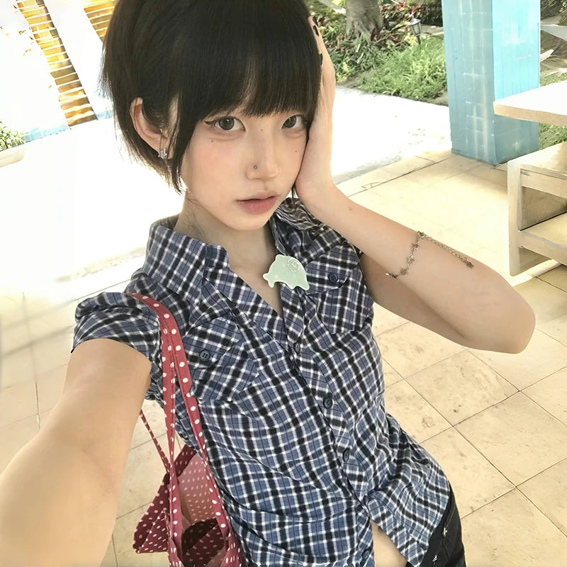 Korean Style Y2K Plaid Shirt - Women's Vintage Short Sleeve Blouse