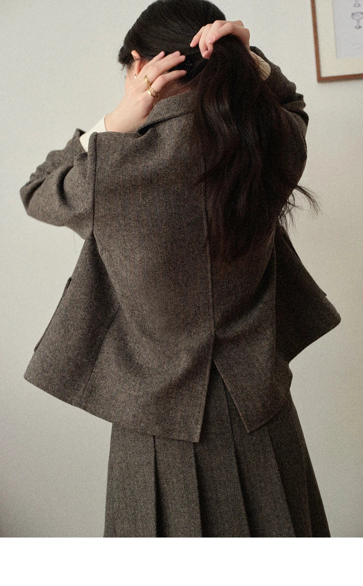 Korean Style Pleated Wool Skirt - Elegant High-Waist A-Line Midi Skirt for Women