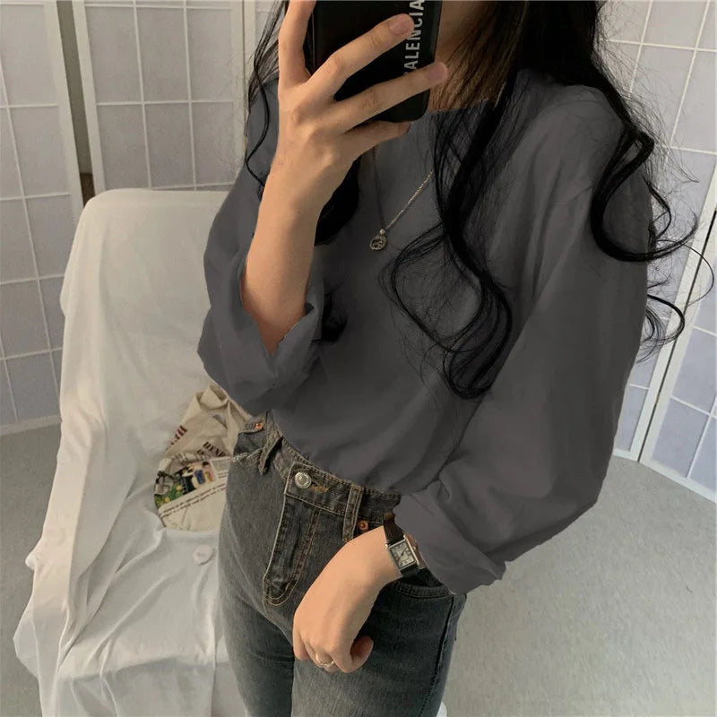 Korean Style Long Sleeve T-Shirt - Women's Loose Fit Basic Top