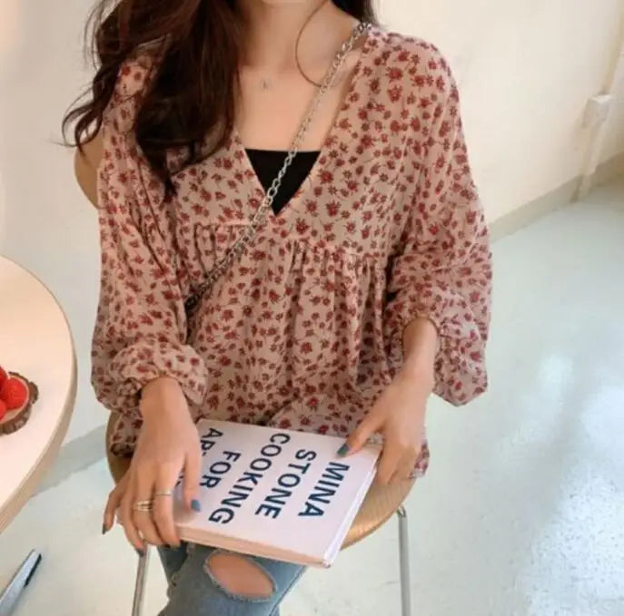 Korean Style Floral Chiffon Blouse - V-Neck Long Sleeve Women's Shirt