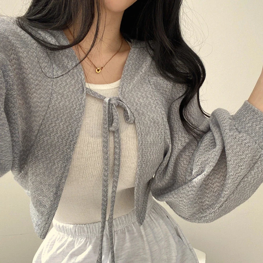 Korean Style White Cardigan - Women's Summer Lightweight Lace-Up Knitwear