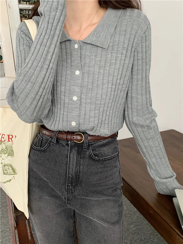 Korean Style Polo Collar Knit Cardigan - Women's Elegant Layering Sweater