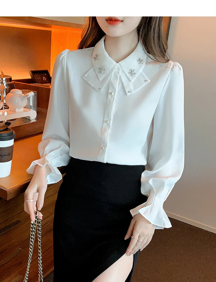 Korean Style Chiffon Blouse - Elegant Long Sleeve White Shirt for Women