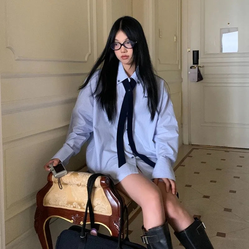 Korean Style Blue Striped Shirt - Women's Embroidered Long Sleeve Blouse