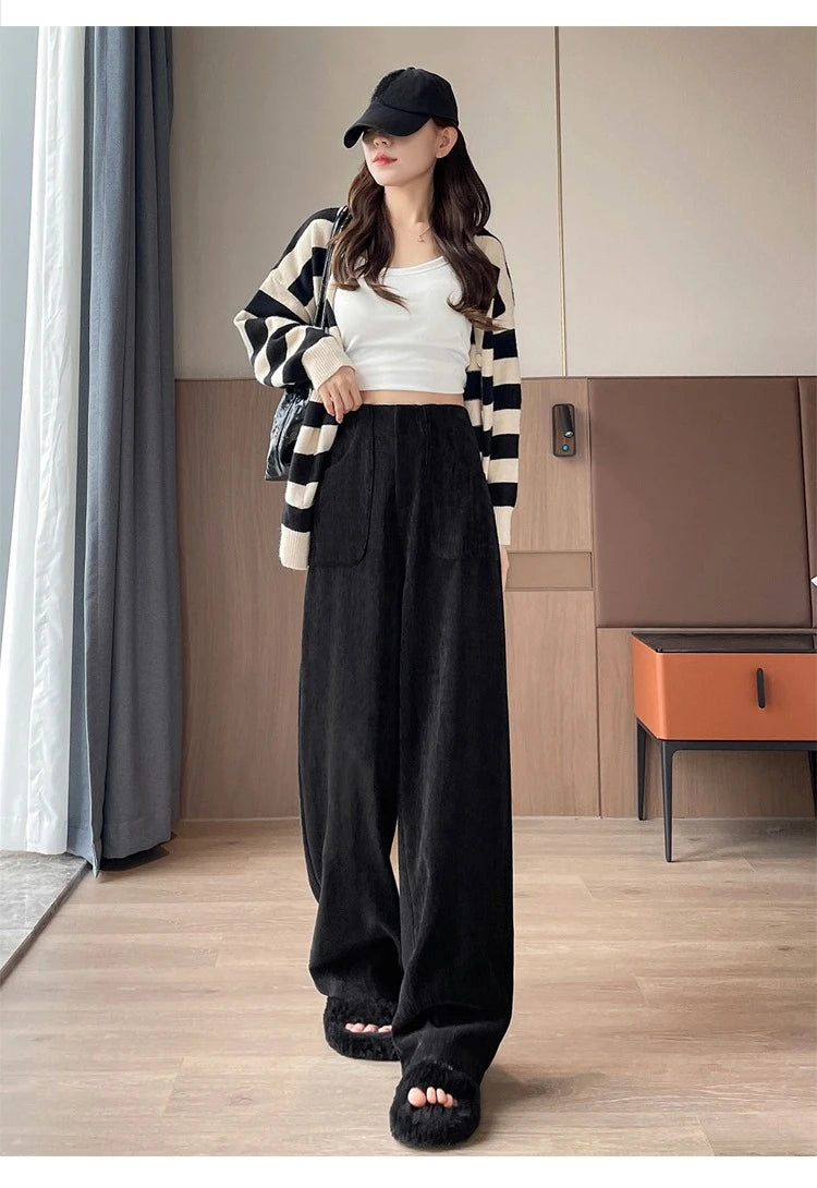 Korean Style High Waist Corduroy Wide Leg Trousers - Women's Vintage Casual Pants with Pockets
