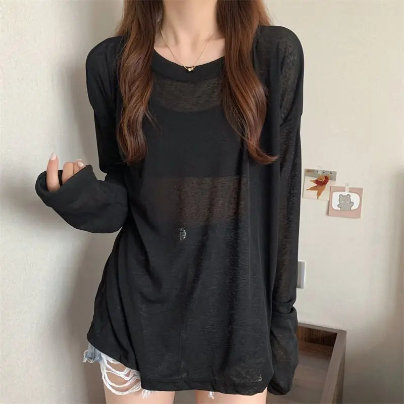Korean Style Mesh Long Sleeve Cover Up Top