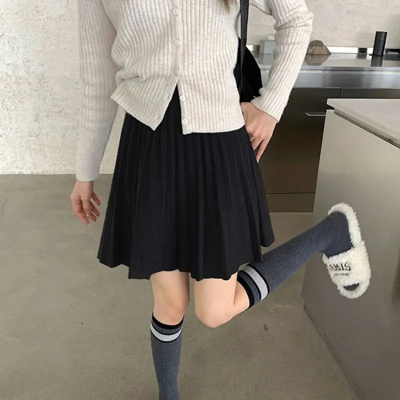 Korean Style Pleated Knit Mini Skirt - High Waist A-Line
