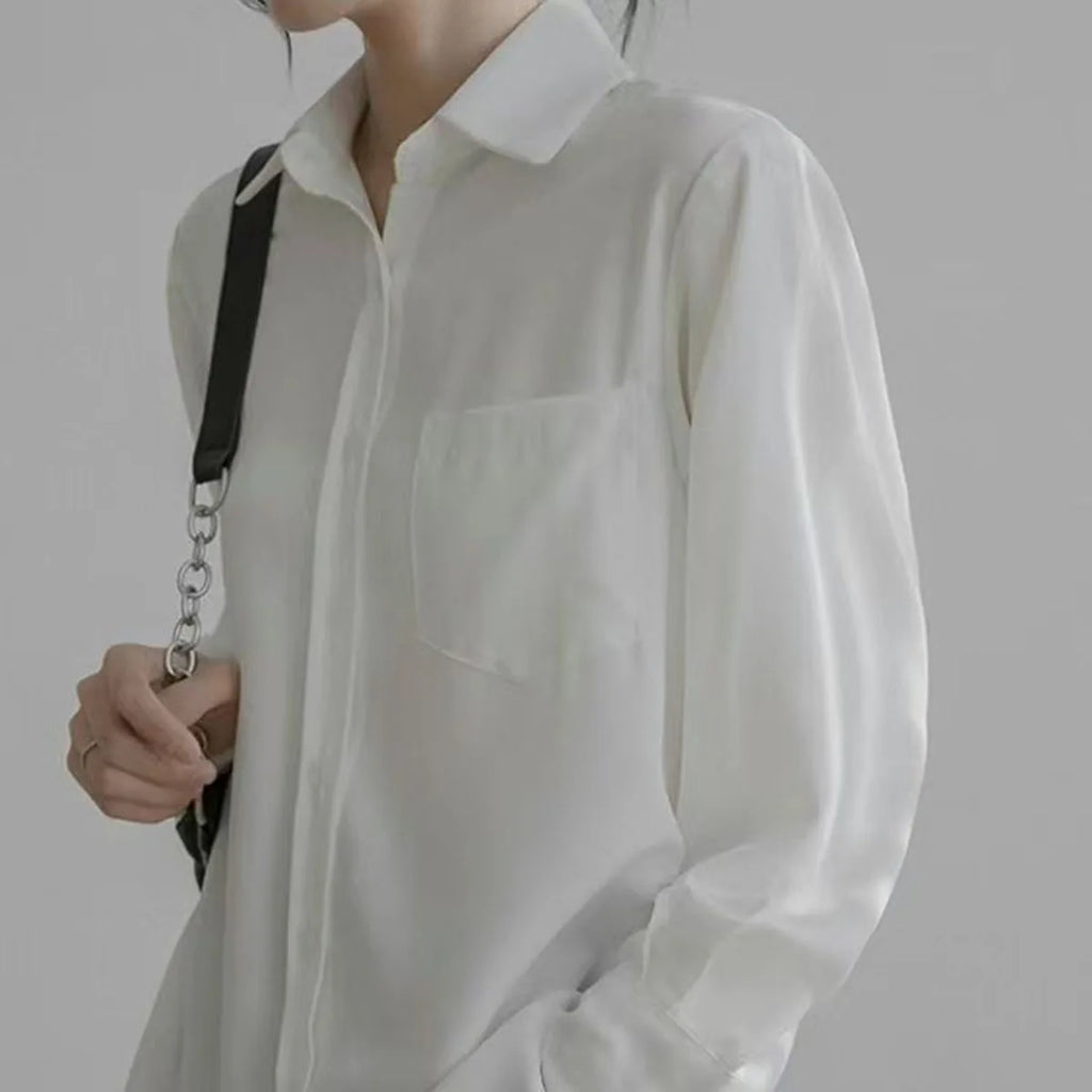 Women's Long Sleeve Shirt - Elegant Office Shirt with Pockets