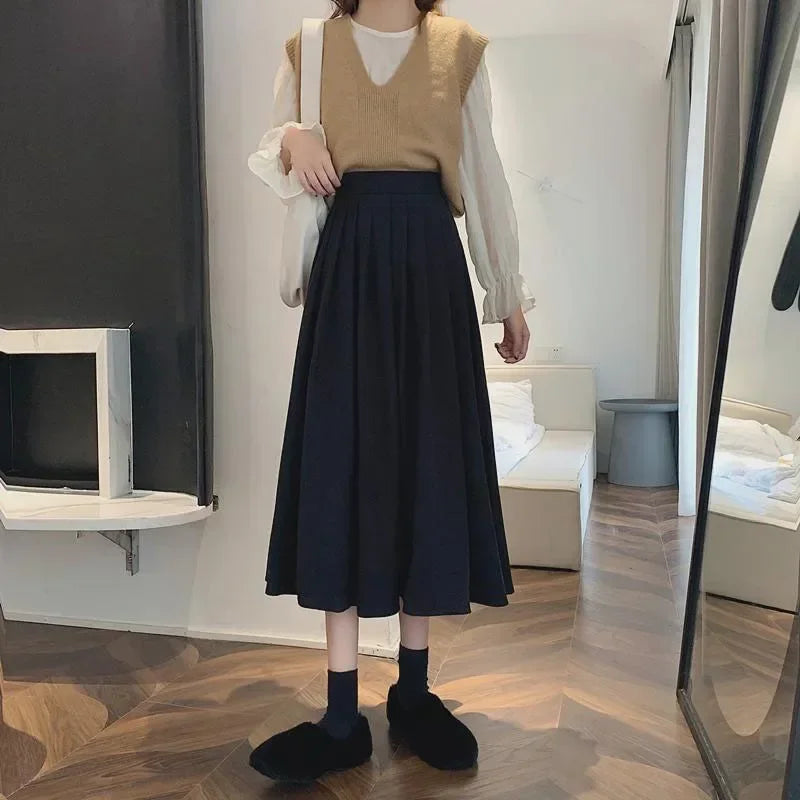 Korean Style Pleated Midi Skirt - Vintage Brown High Waist A-Line Skirt