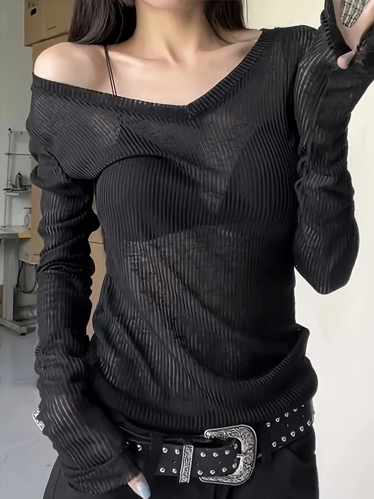 Korean Style V-Neck Long Sleeve Top - Slim Fit Semi-Sheer Women's T-Shirt