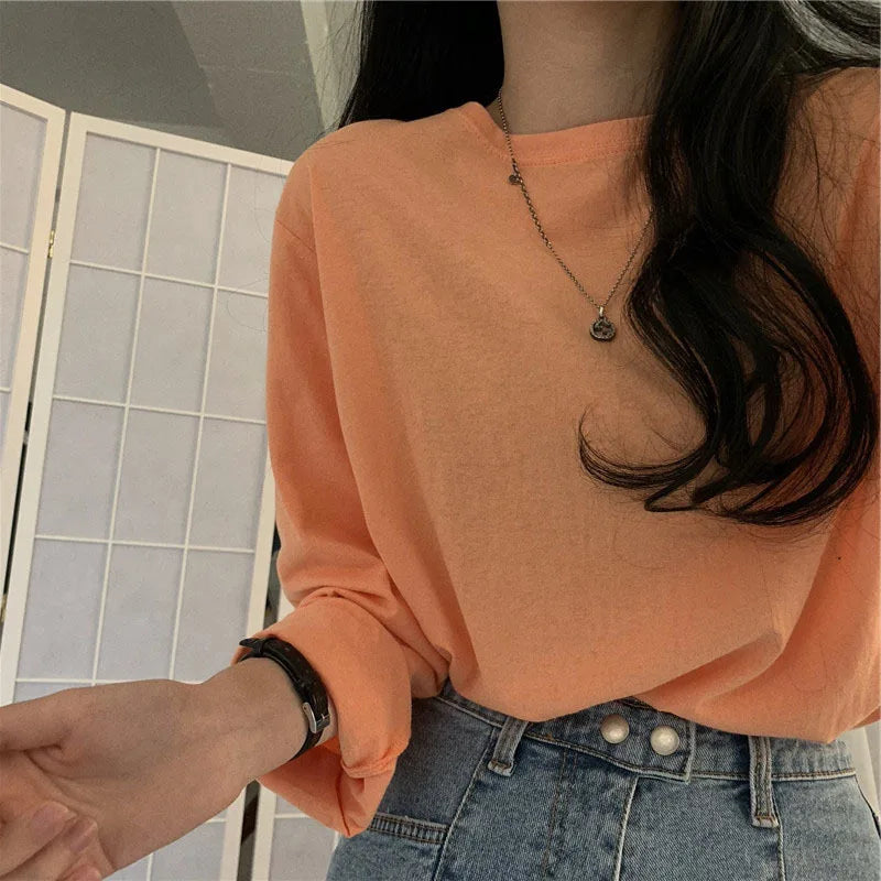 Korean Style Long Sleeve T-Shirt - Women's Loose Fit Basic Top