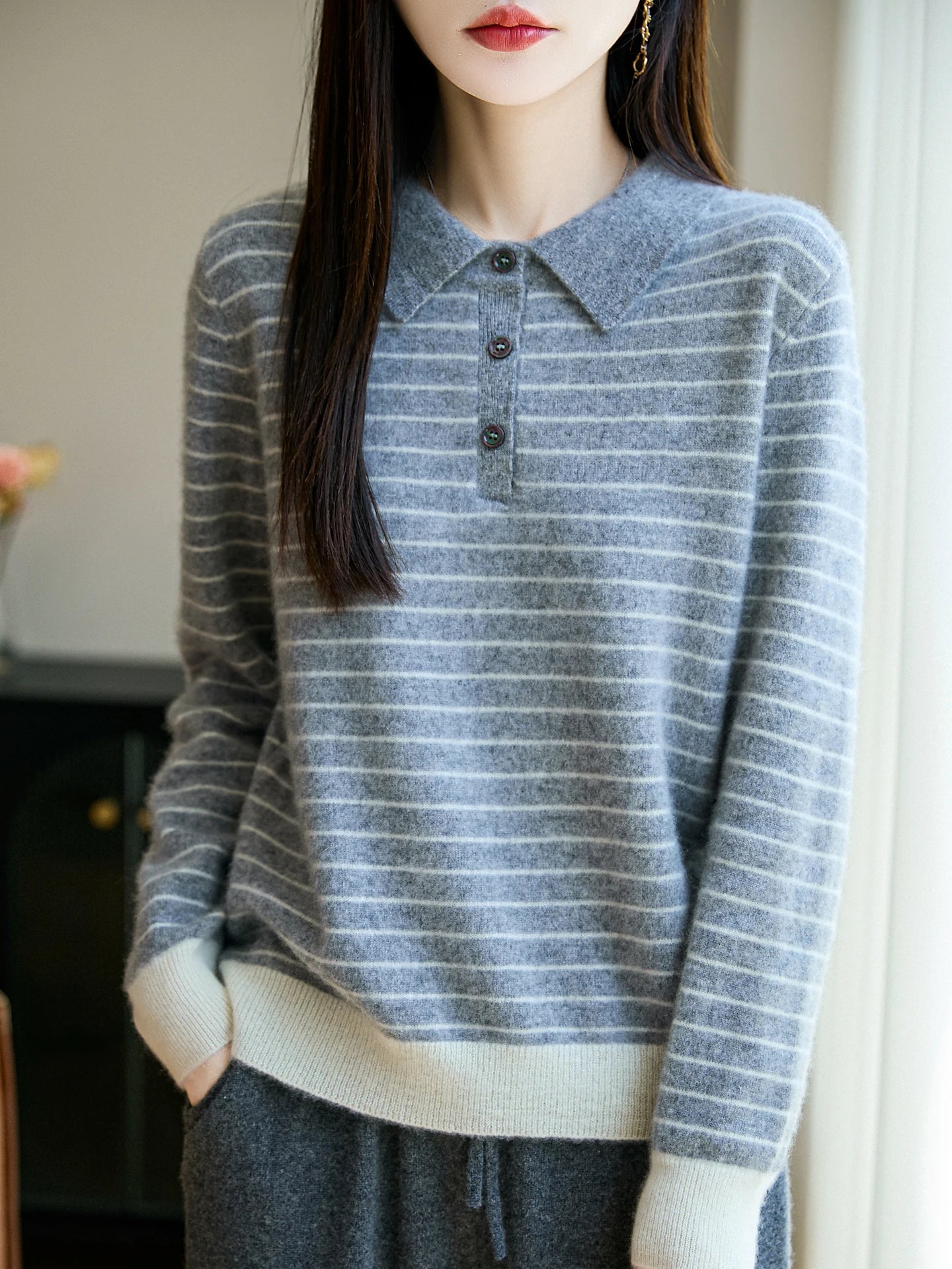 Korean Style Wool Polo Neck Jumper - Striped Knit Pullover for Women