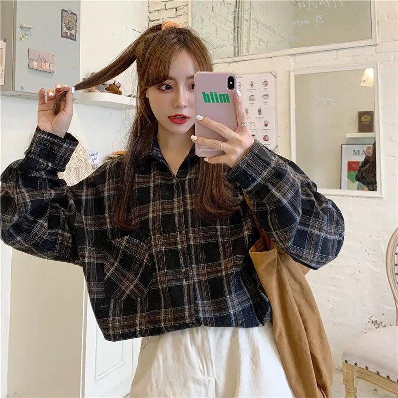 Korean Style Oversized Plaid Shirt - Women's Long Sleeve Button Up Blouse
