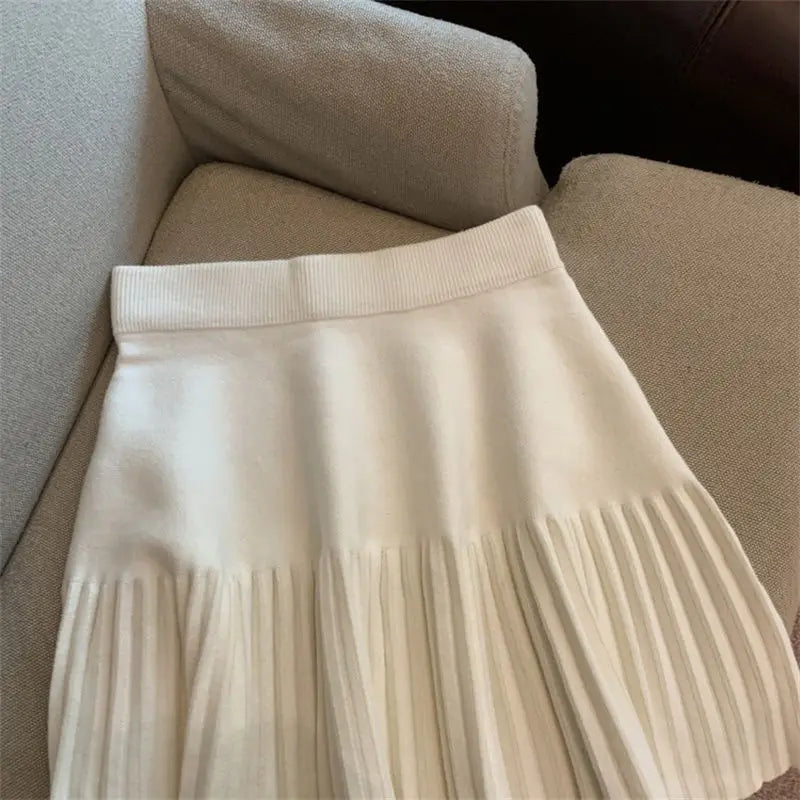 Korean Style Pleated Knit Mini Skirt - High Waist A-Line Skirt for Women
