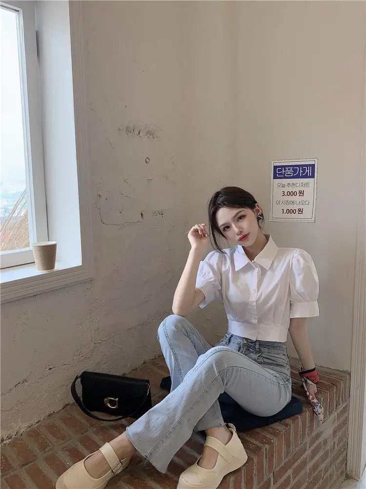 Korean Style White Puff Sleeve Cropped Shirt - Women's Elegant Preppy Blouse