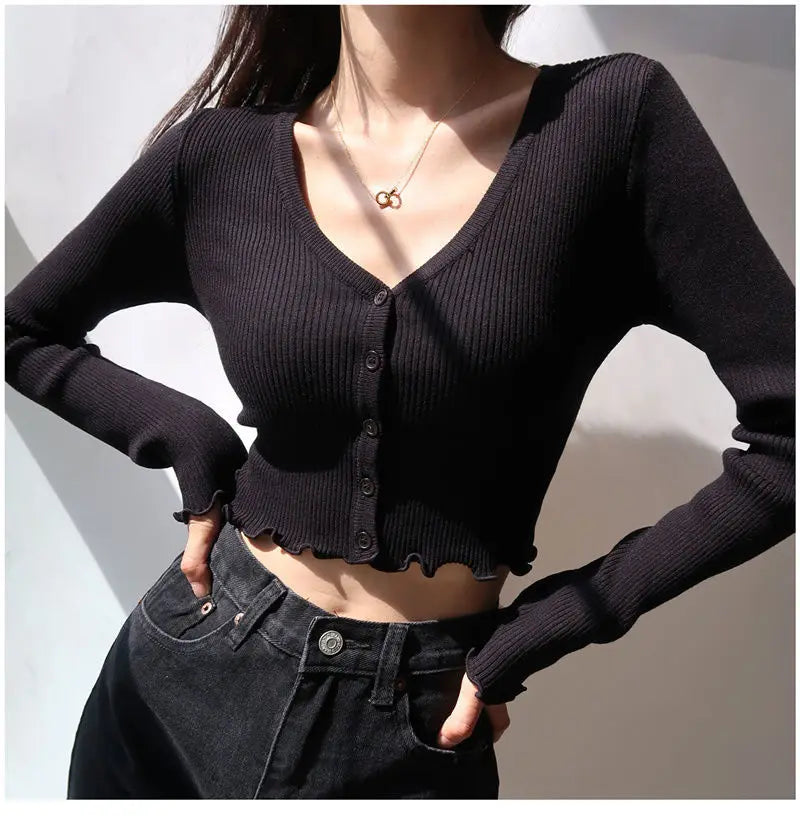 Korean Style Cropped Knit Cardigan - V-Neck Ruffle Hem