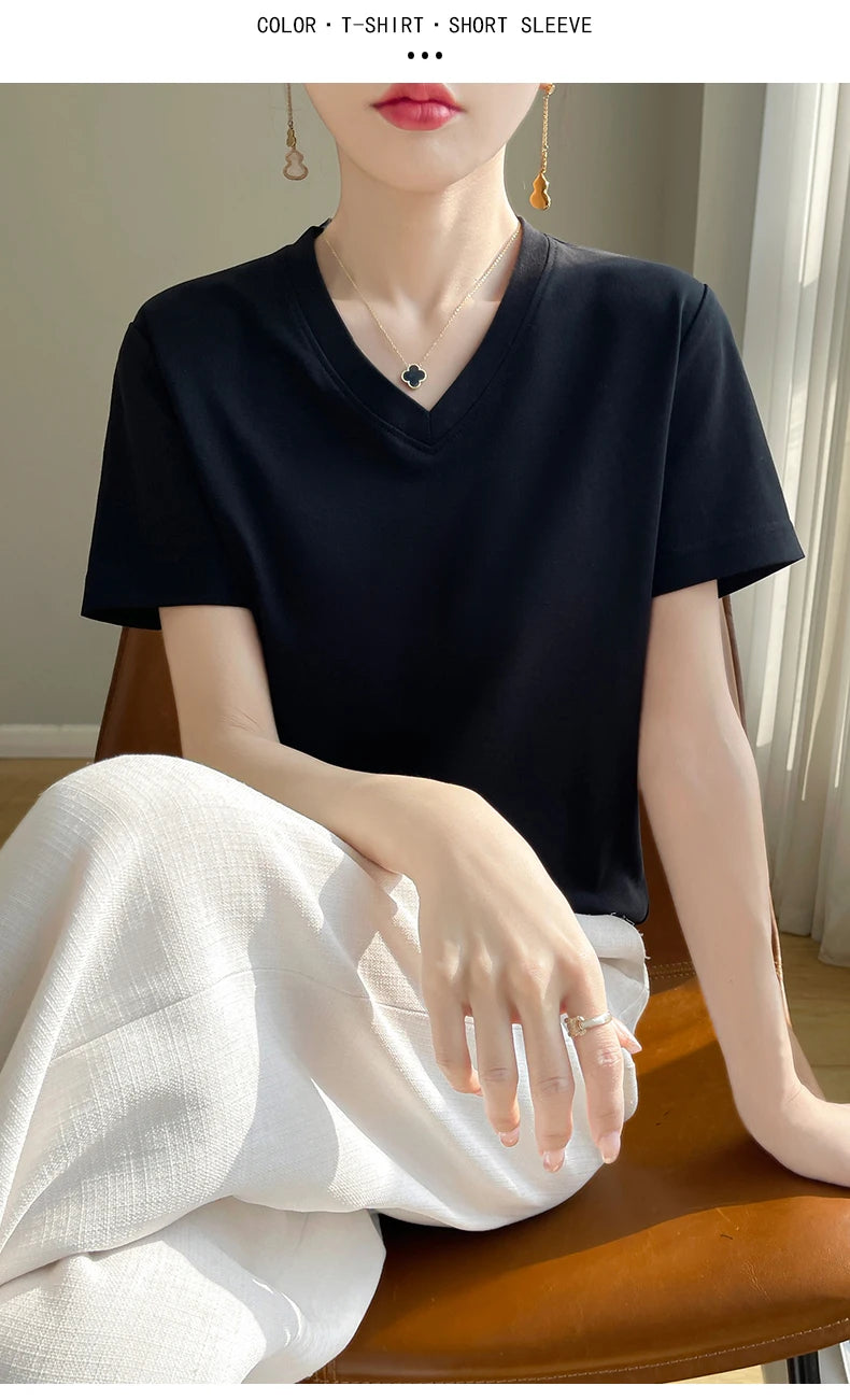 Korean Style V-Neck Cotton T-Shirt - Women's Relaxed Fit Short Sleeve Top