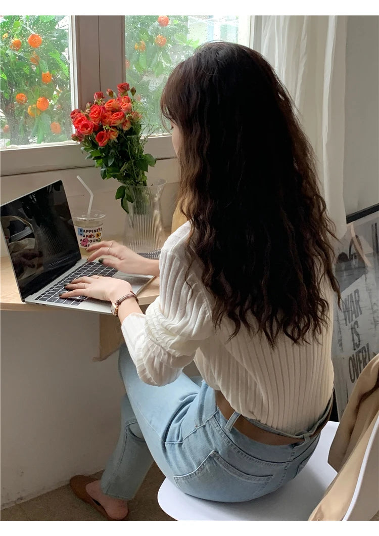 Korean Style Polo Collar Knit Cardigan - Women's Elegant Layering Sweater