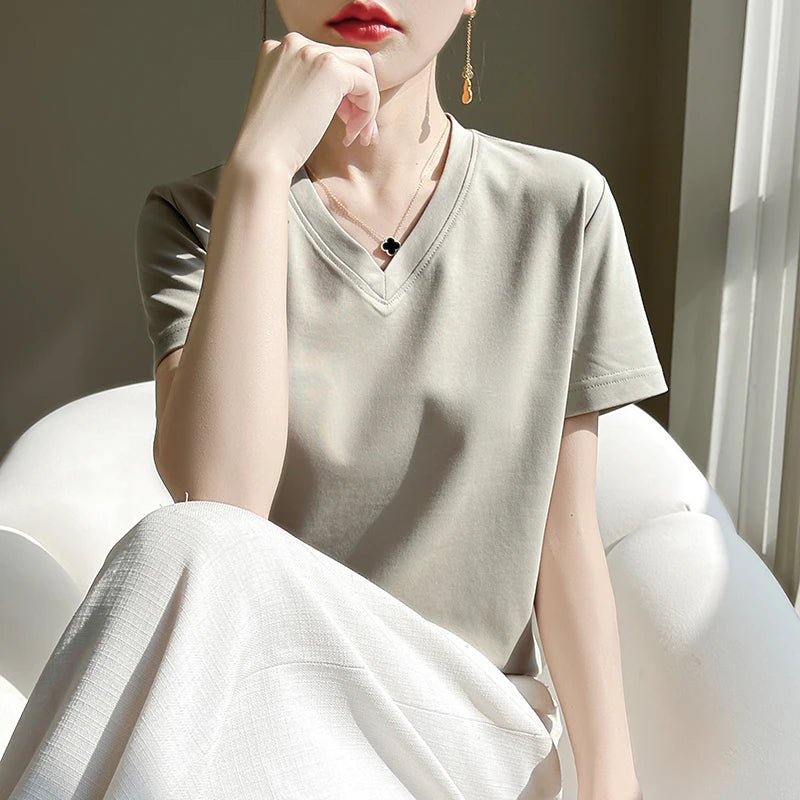 Korean Style V-Neck Cotton T-Shirt - Women's Relaxed Fit Short Sleeve Top