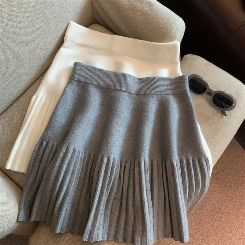 Korean Style Pleated Knit Mini Skirt - High Waist A-Line Skirt for Women