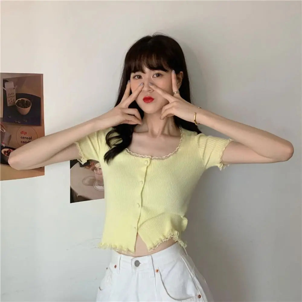 Korean Style Lace Knit Cardigan - Women's Slim Fit Button-Up Top