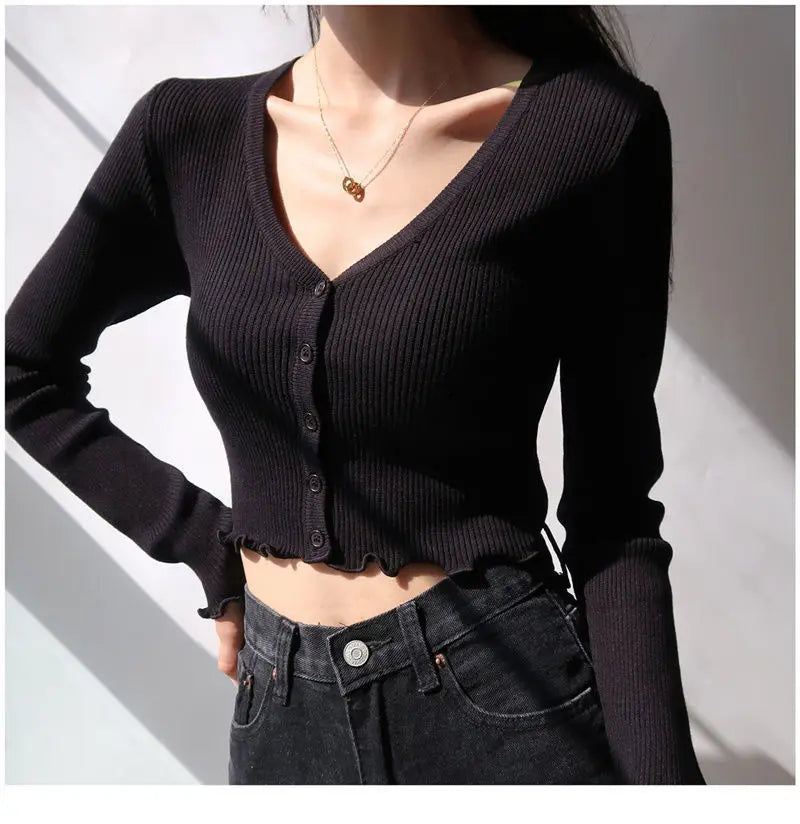 Korean Style Cropped Knit Cardigan - V-Neck Ruffle Hem