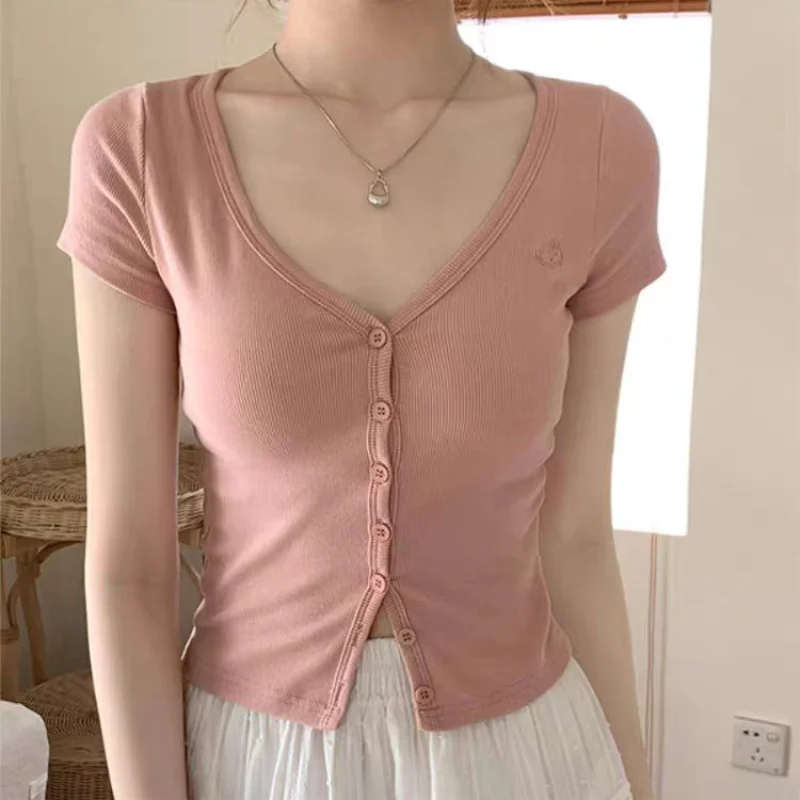 Sexy V-neck Single Breasted Short Sleeved Crop Top Cardigan Women's Summer New Korean Slim fit T-shirt Short