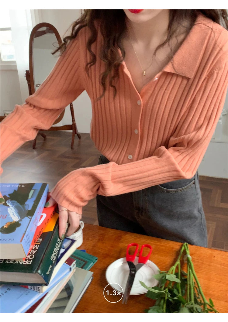 Korean Style Polo Collar Knit Cardigan - Women's Elegant Layering Sweater