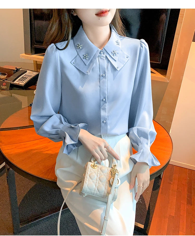 Korean Style Chiffon Blouse - Elegant Long Sleeve White Shirt for Women
