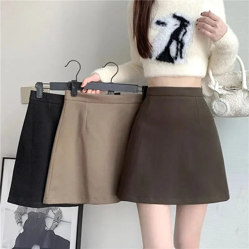 Korean Style High Waist Woolen Mini Skirt - A-Line Bodycon Skirt with Zipper