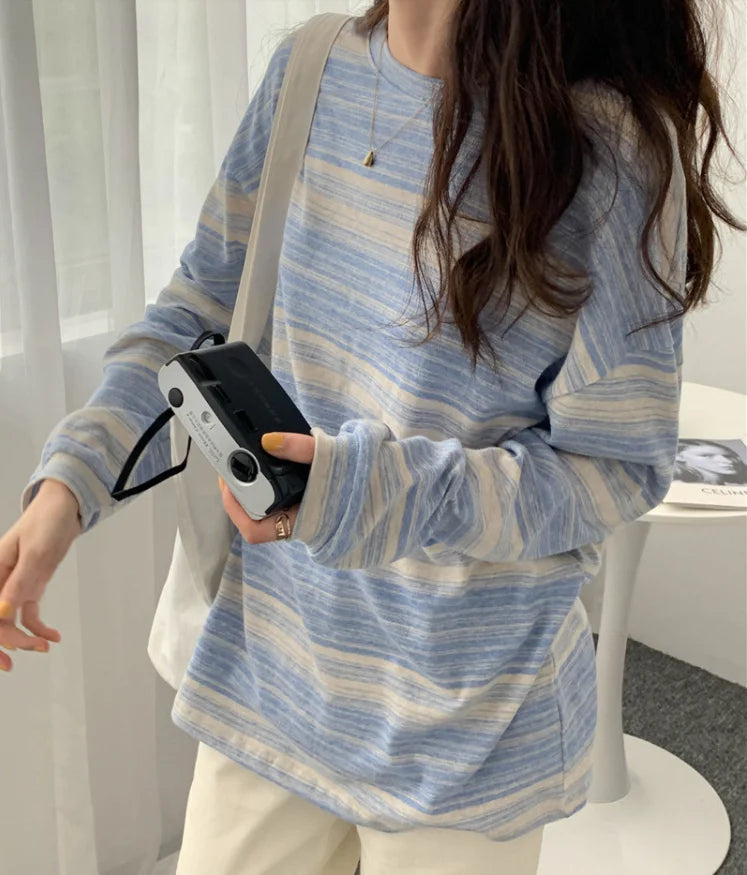 Korean Style Vintage Striped Long Sleeve T-Shirt - Women's Loose Fit Top