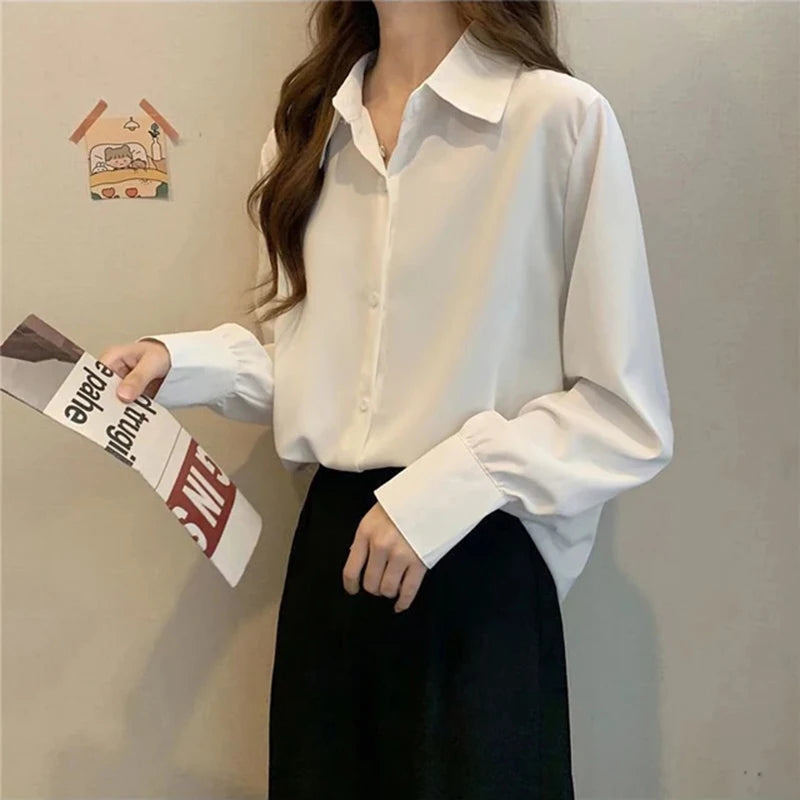 Korean Style White Chiffon Blouse - Elegant Long Sleeve Shirt for Women