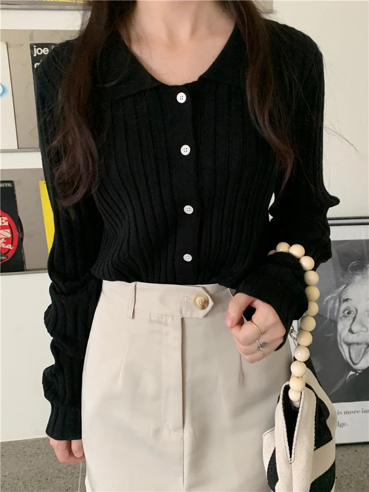 Korean Style Polo Collar Knit Cardigan - Women's Elegant Layering Sweater