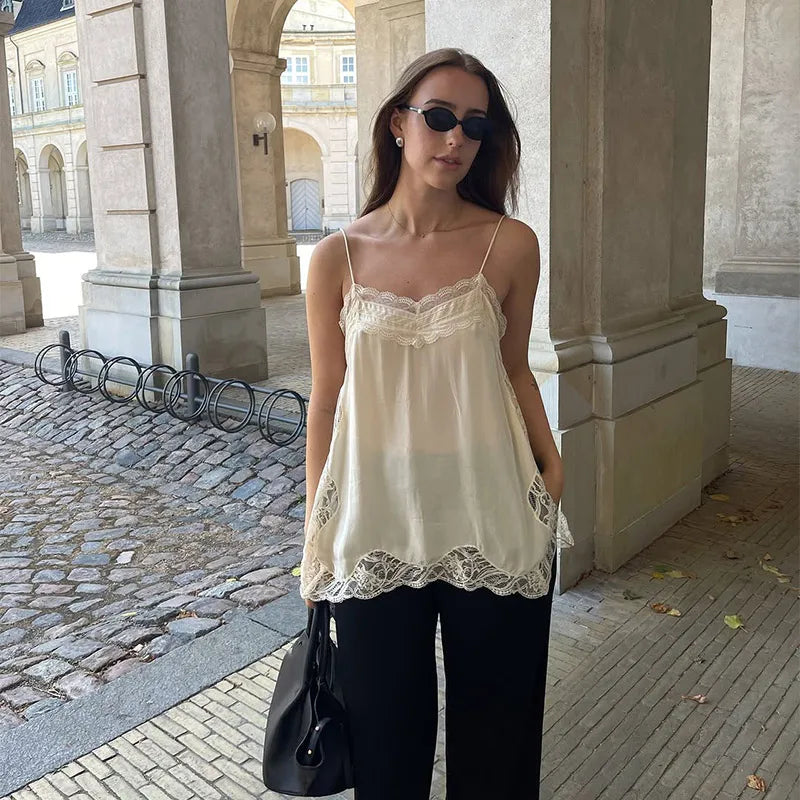 Korean Style Lace Cami Top - Elegant Sleeveless Square Neck Blouse