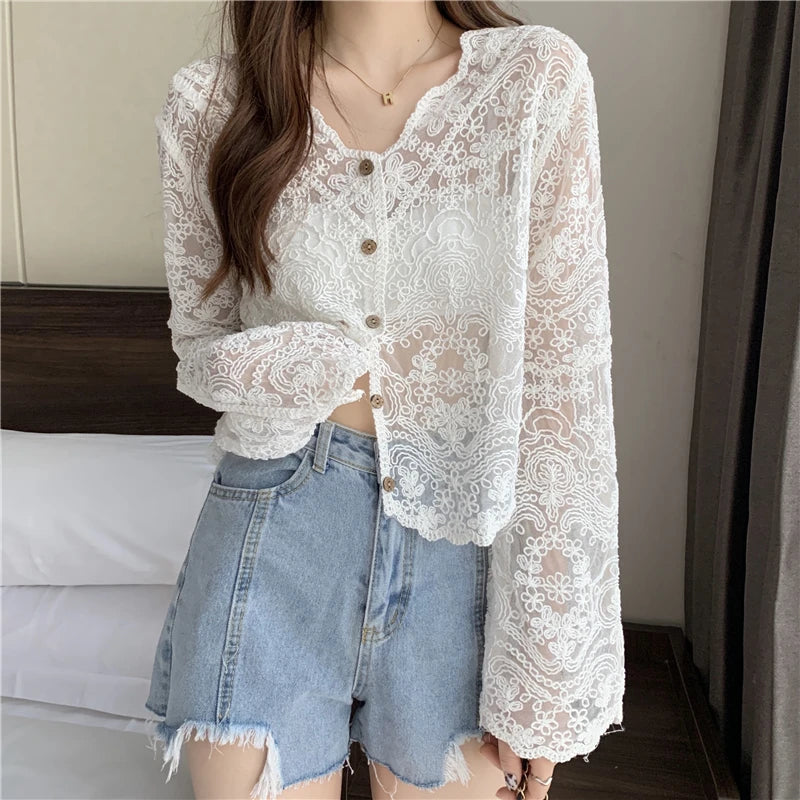 Korean Style Lace Blouse - Sheer Long Sleeve Summer Top