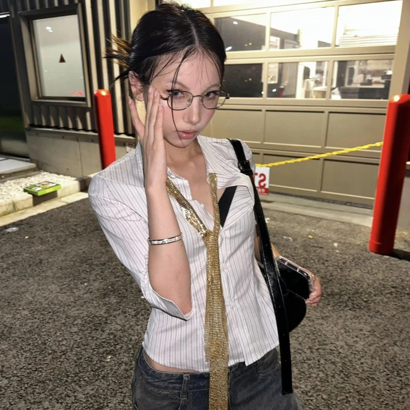 Korean Style Striped Shirt - Women's Half Sleeve Blouse