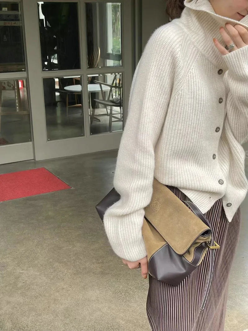 Korean Style Turtleneck Cardigan - Women's Chunky Knit Sweater