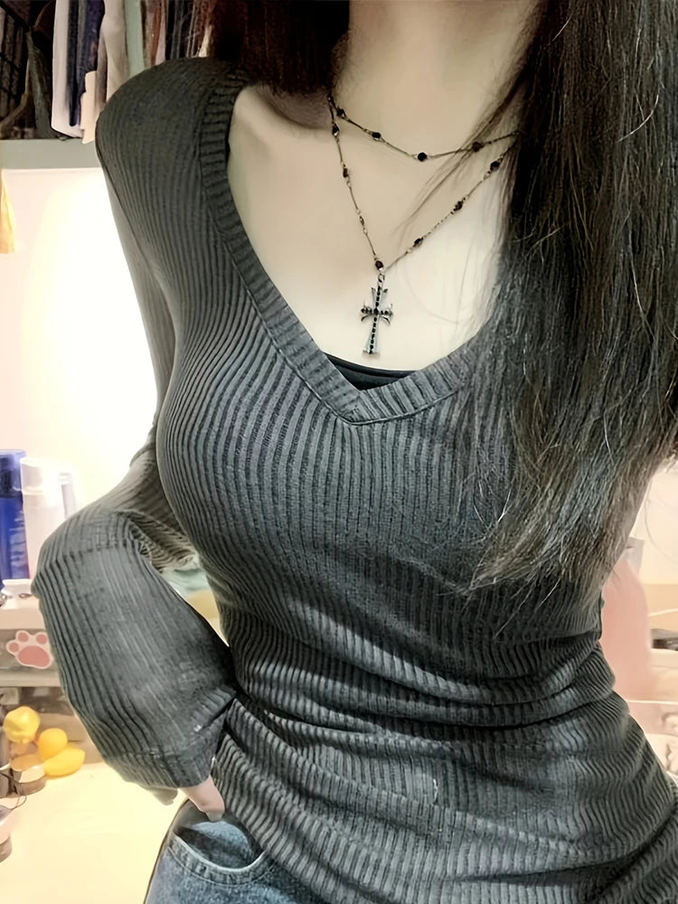 Korean Style V-Neck Long Sleeve Top - Slim Fit Semi-Sheer Women's T-Shirt