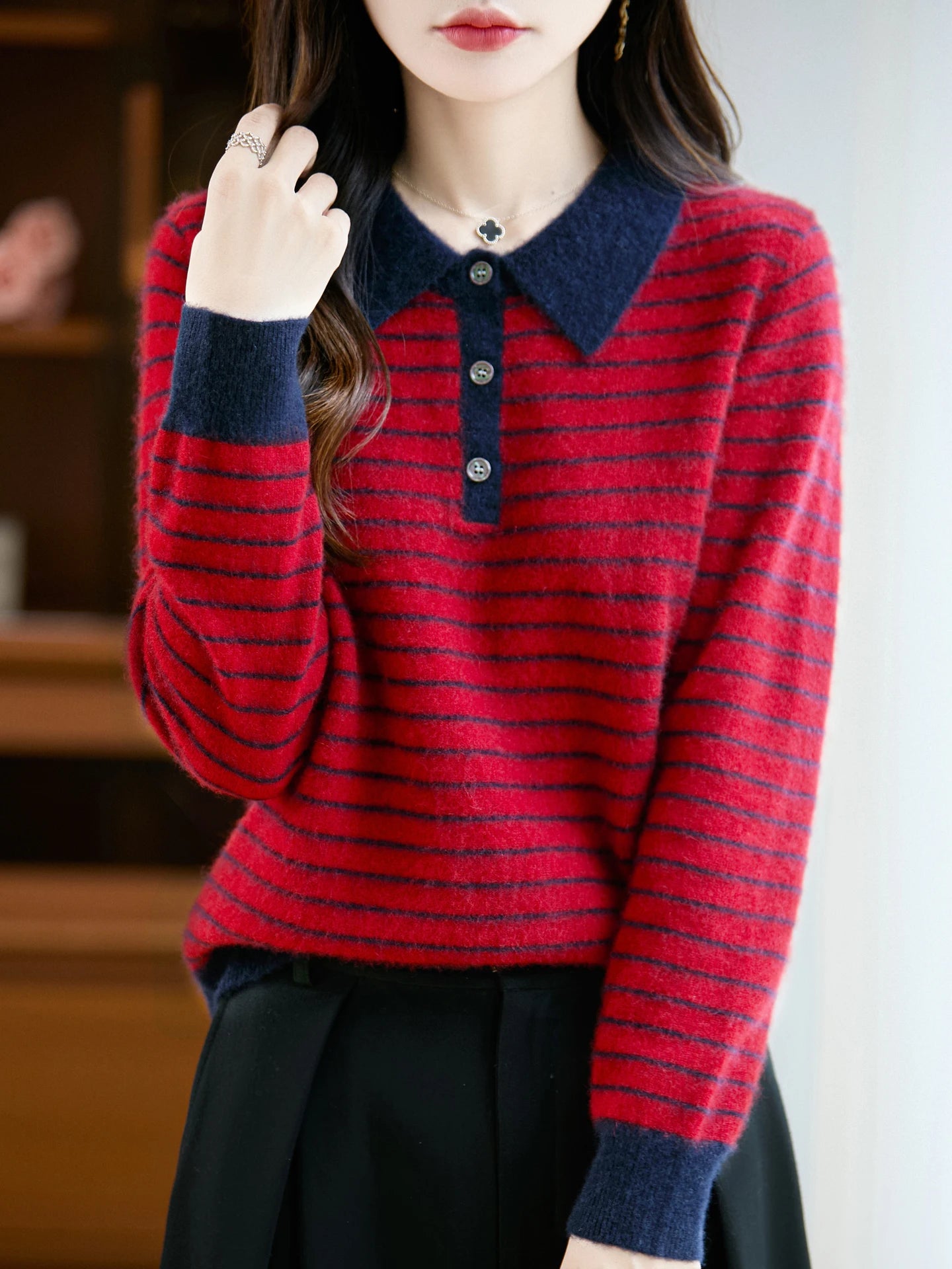 Korean Style Wool Polo Neck Jumper - Striped Knit Pullover for Women