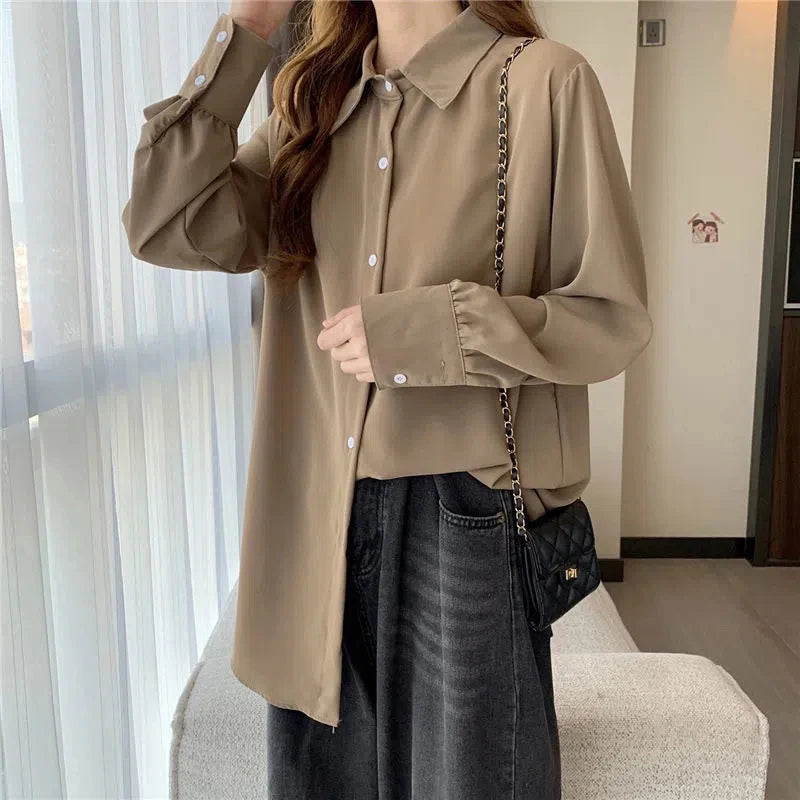 Korean Style White Chiffon Blouse - Elegant Long Sleeve Shirt for Women