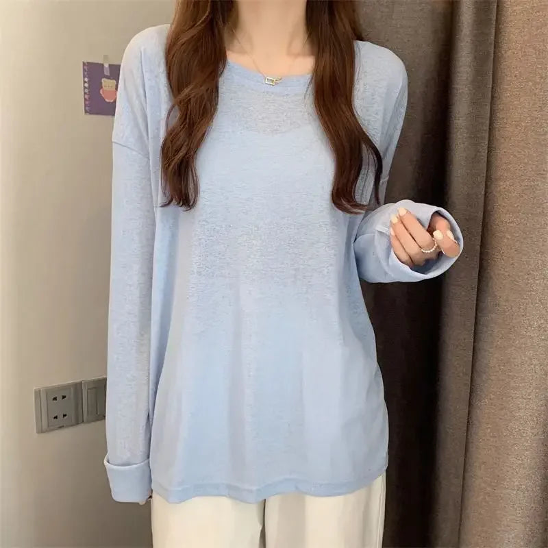 Korean Style Mesh Long Sleeve Cover Up Top