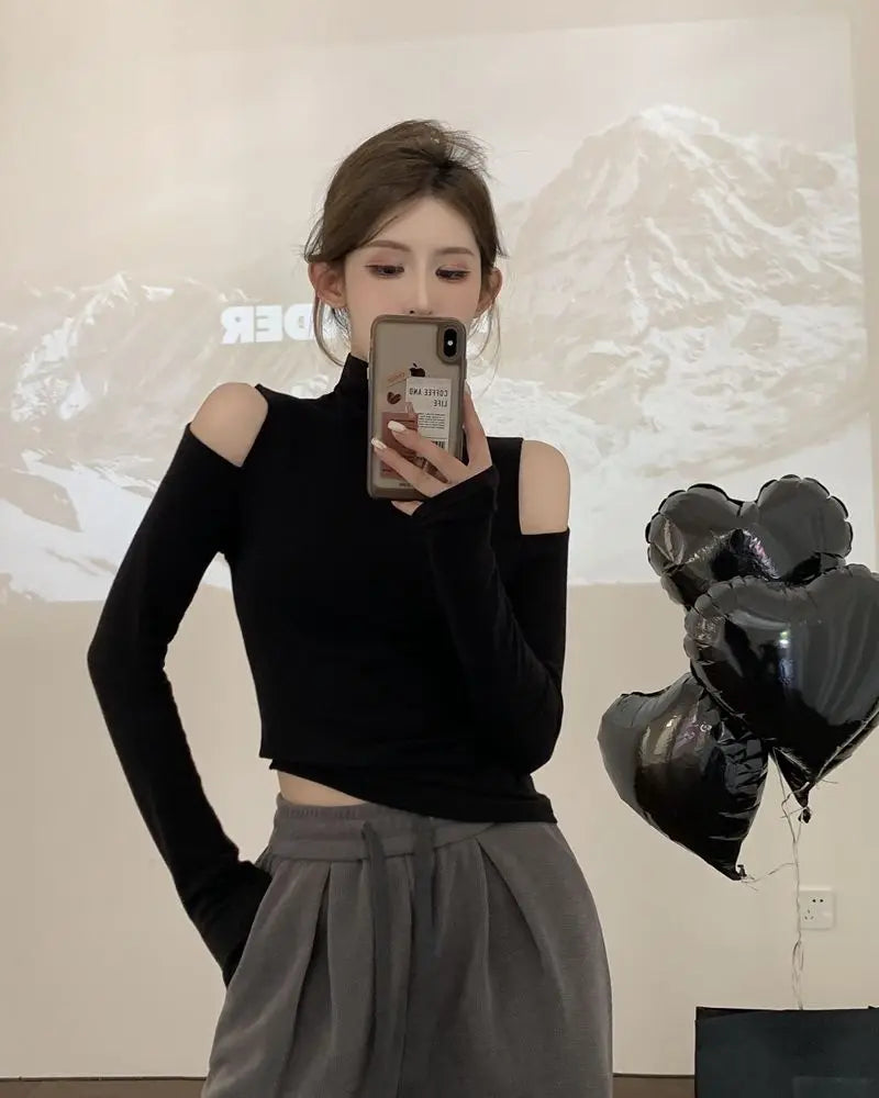 Korean Style Turtleneck Long Sleeve Top - Women's Slim Fit Autumn Blouse