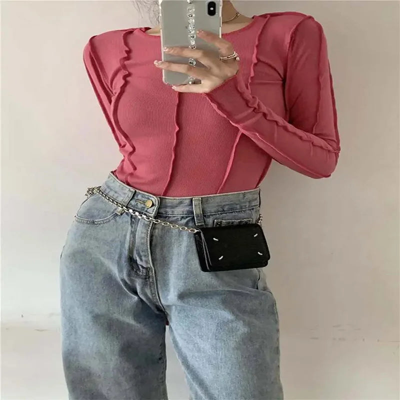 Korean Style Long Sleeve Top - Slim Fit with Contrast Line Detail