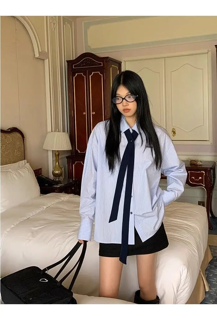 Korean Style Blue Striped Shirt - Women's Embroidered Long Sleeve Blouse