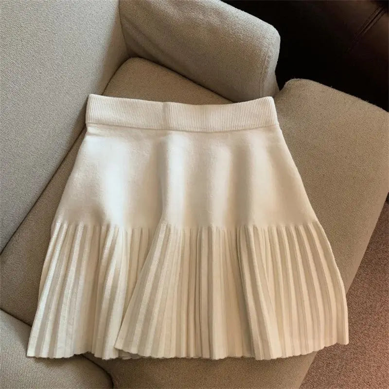 Korean Style Pleated Knit Mini Skirt - High Waist A-Line Skirt for Women