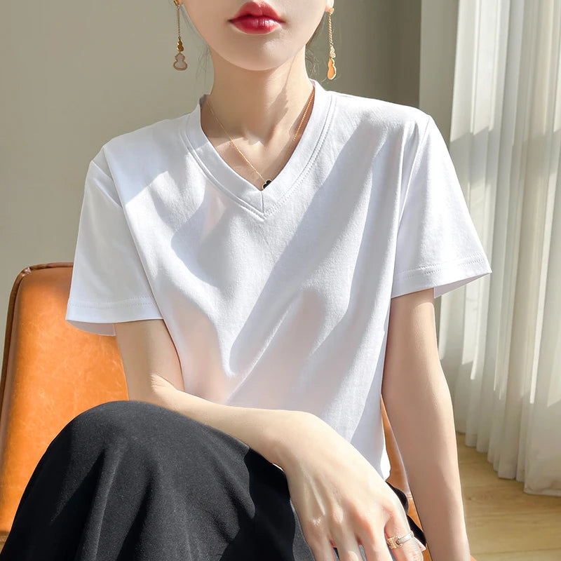 Korean Style V-Neck Cotton T-Shirt - Women's Relaxed Fit Short Sleeve Top